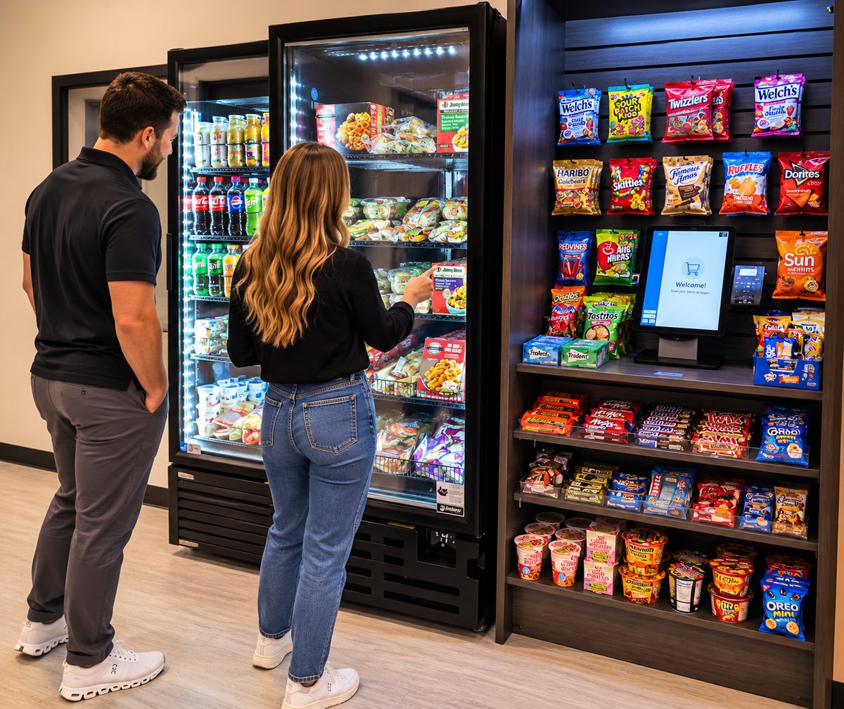 Two people choosing items at a micro market with a cooler and self-checkout kiosk