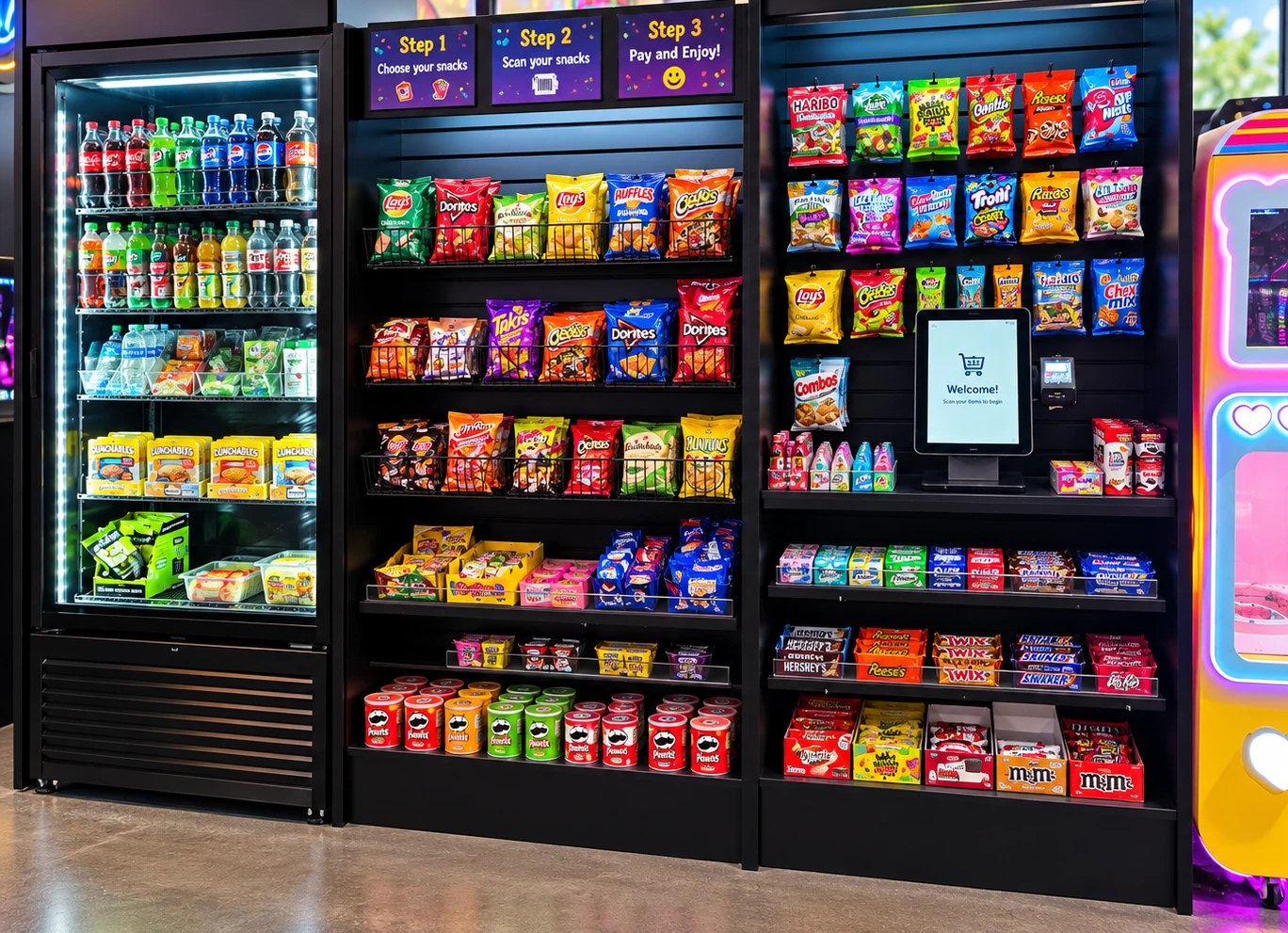 A micro market with a drink cooler, snack wall, and self-checkout kiosk