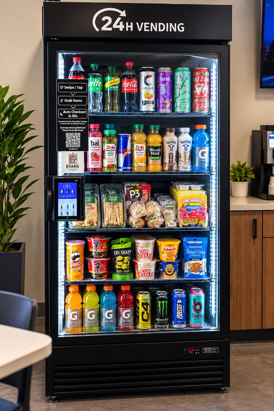 An AI smart cooler stocked with drinks and fresh food